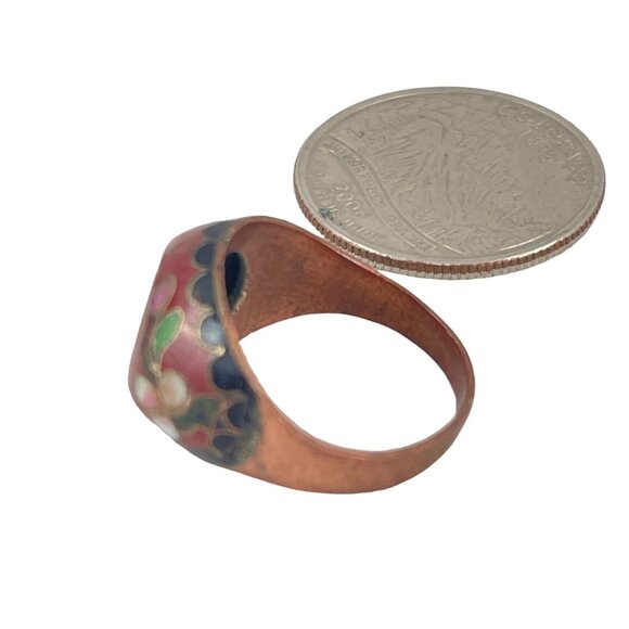 Vintage Cloisonné Ring Chinese Export Enamel Floral Design Copper Base Unique Ar - Picture 7 of 12